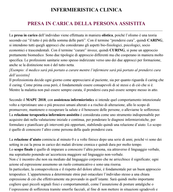 Appunti Infermieristica clinica - Metodologia Clinica nelle Scienze Infermieristiche - Prof.ssa Simona Bertozzi e Monica Codara